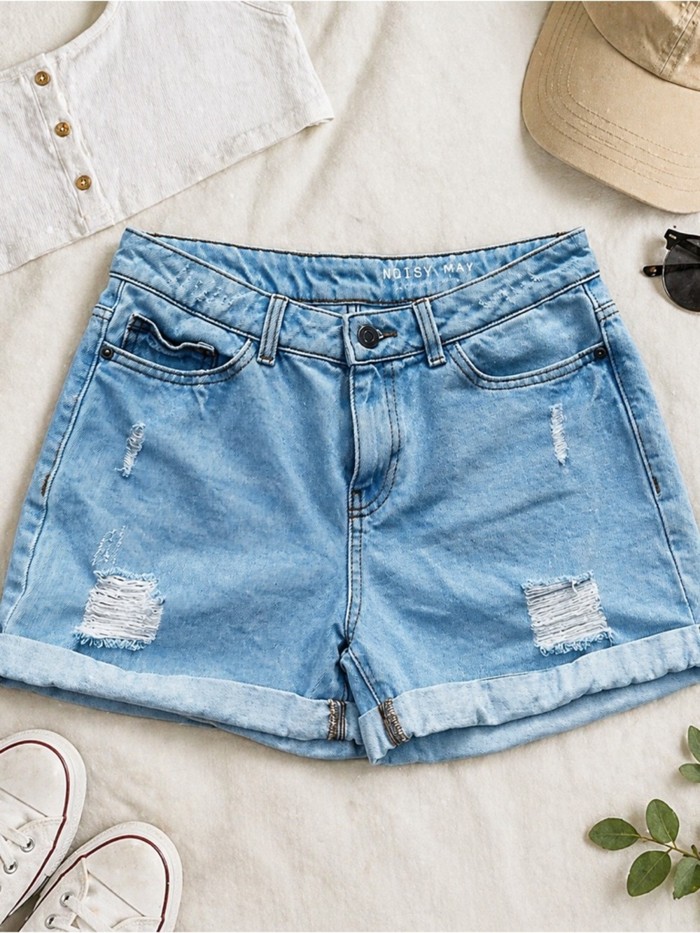 Noisy May Distressed Denim Shorts | Light Wash Cuffed Hem | Size M